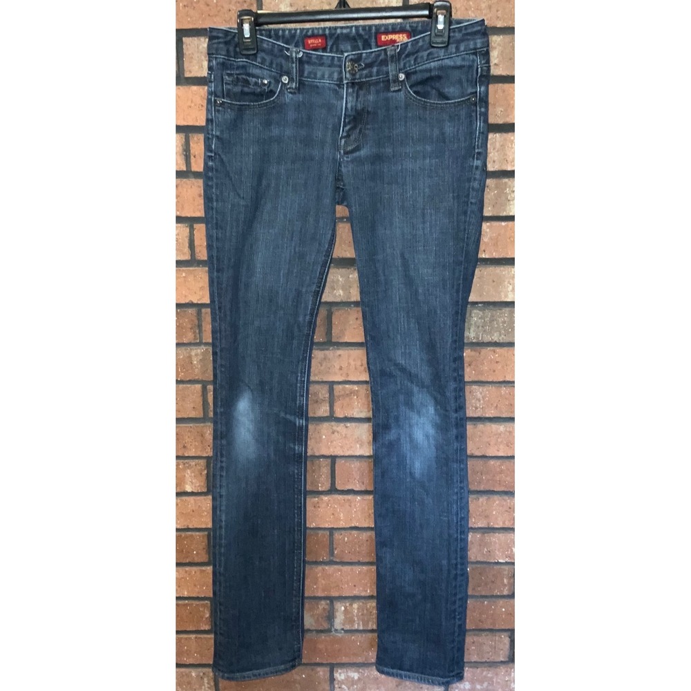 Express Stella Skinny Leg Jeans Dark Wash Blue Embroidered Pockets Size 4L